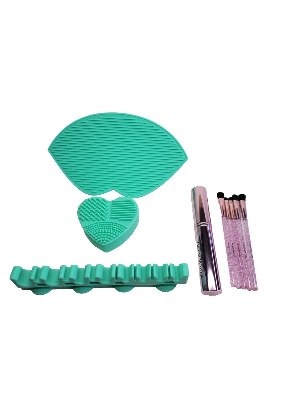 5 Pc Beautyworks NYC Makeup pink Brush Set + Case & Macys 3 Pc Brush Cleaner Set